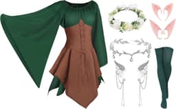 Middeleeuws kostuum voor dames - Renaissance jurk met bloemenkroon, elfenoren en trumpet mouwen — thumbnail 1