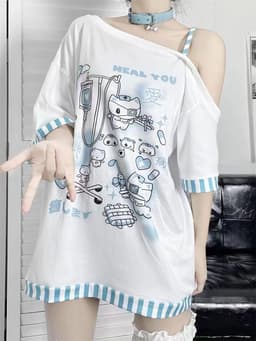 Y2K Cartoon T-shirt Dames - Harajuku Gothic Mode & Schoudervrij Top — thumbnail 5