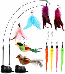 14 stuks kattenhengels met 2 zuignappen, kattenspeelgoed, zelfbezigheid met vogel, interactief kattenspeelgoed met veren, worm, kattenhengel, vervangende veren met klokken — thumbnail 1
