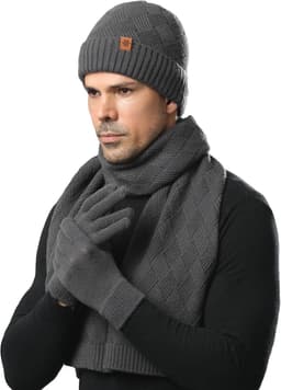 Handschoenen voor heren, 3-delige set, winter, warm, zachte set met touchscreen-handschoenen, muts en sjaal, ideaal cadeau voor heren, Kerstmis of verjaardag — thumbnail 1