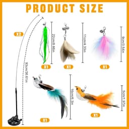 8 Pcs Speelgoedset voor Katten, Interactief Speelgoed voor Katten, Binnenspeelgoed voor Katten, 3 Verenspeeltjes, 2 Realistische Vogels, met Sterke Zuignappen en Kattenhengel met Veren — thumbnail 2