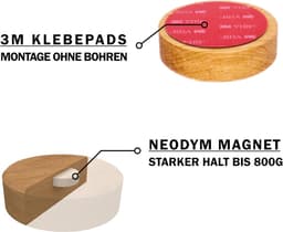 Magnetische houten mesblokhelder | Massief eikenhout | Om te lijmen - zonder boren | Duurzaam & Robuust | Eenvoudige montage | Sterke magneten | Zonder keukenmessen (Eiken, 3er) — thumbnail 2