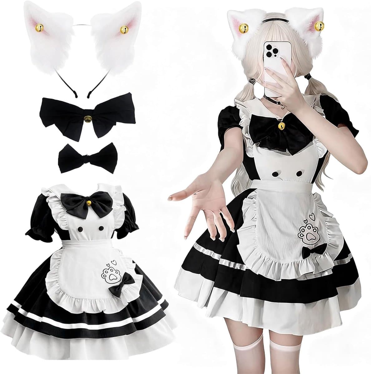 Maid dress zwart-wit - schattige kat Franse maid outfit - met schort en haarband - perfect voor Halloween - ShopVlot — afbeelding 1
