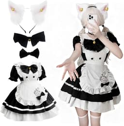 Maid dress zwart-wit - schattige kat Franse maid outfit - met schort en haarband - perfect voor Halloween - ShopVlot — thumbnail 1
