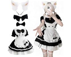 Maid dress zwart-wit - schattige kat Franse maid outfit - met schort en haarband - perfect voor Halloween - ShopVlot