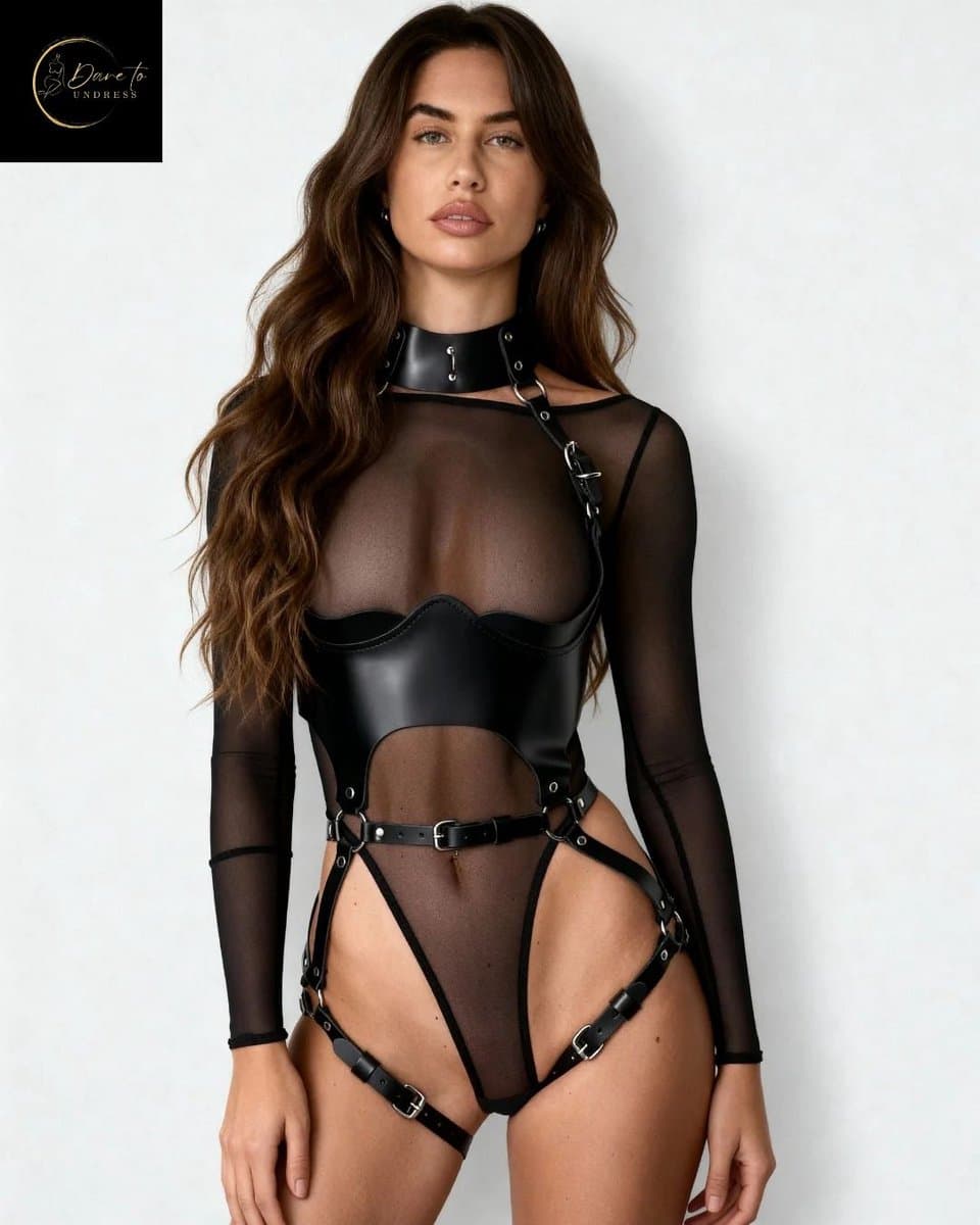 Sexy Lingerieset – PU Lederen Harnass Body – Lingerie Erotisch – Sexy Lingerie Setje – Bondageset – Harnasset – Verstelbaar – Erotische Lingerie Dames – Fetish – SM – Zwart – Kinky Lingerie – BDSM – Wasteland – B.I.T.C.H. – Dare to Undress –One Size — afbeelding 1