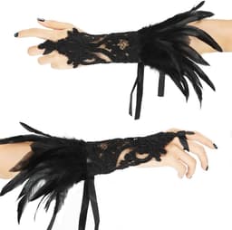 Lange kanten handschoenen - Vingerloze handschoenen - Feestelijke gelegenheden - Met veren versierd - One size fits most - Zwart — thumbnail 5