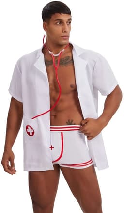 3-Delig Sexy Heren Kostuum - Dokter / Verpleger / Arts - Boxer, Doktersjas En Stethoscoop - Rood & Wit - Mannen - Heren Lingerie - Vrijgezellenfeest - One Size — thumbnail 2