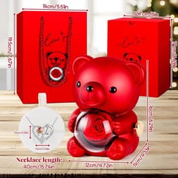 Rozenbeer met Ketting - Bloemenbeer Cadeau - Romantisch Verrassen - Met Muziekdoos - 12 x 11 x 16 cm - Rood — thumbnail 5