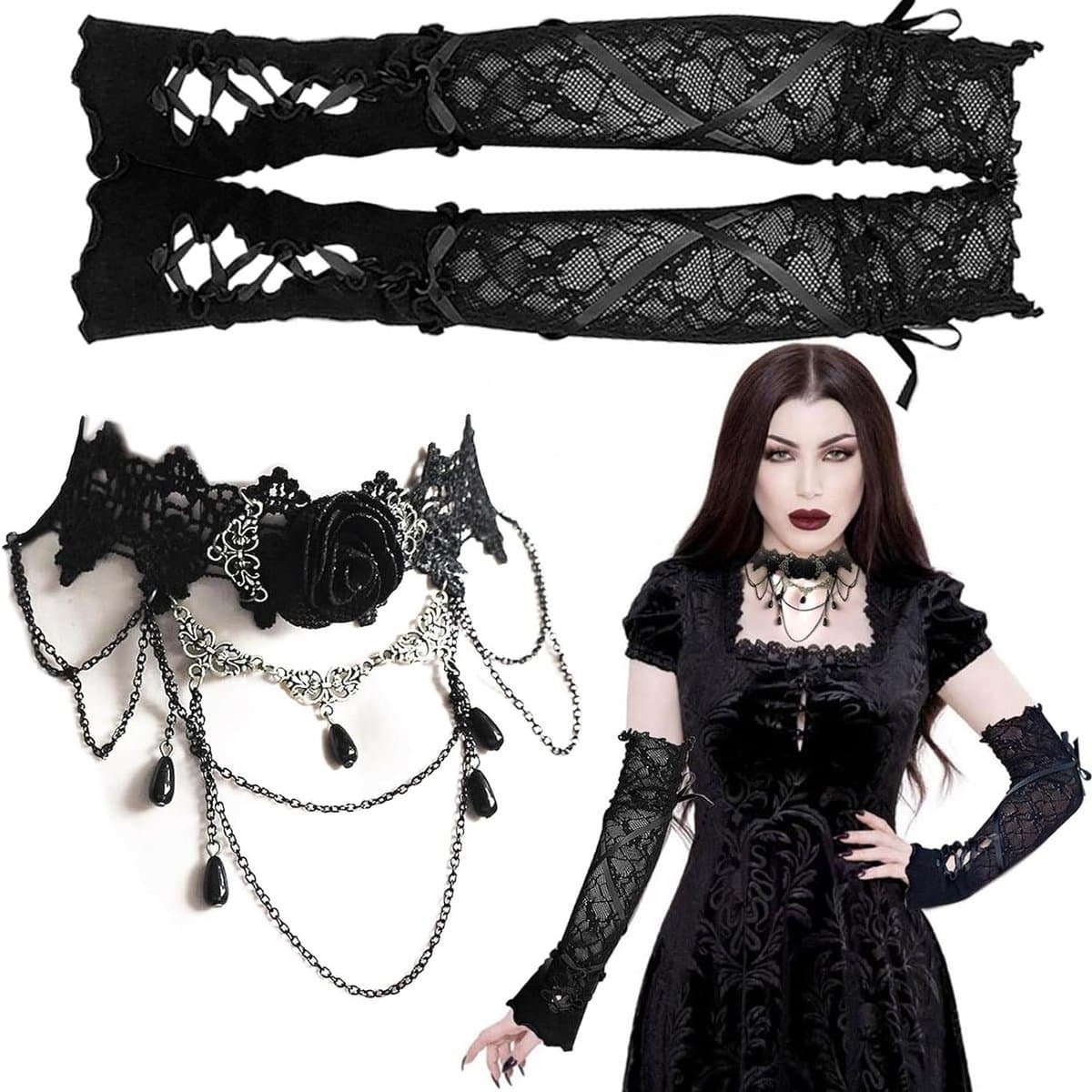 Dailygoods - Lange Kant Handschoenen, Kant Handschoenen Zwart en Gothic Tattoo Chokers Roos Prom Opera Wanten Handschoenen voor Vrouwen en Meisjes Vingerloos Elleboog Lengte Vintage Mesh Handschoenen Lolita — afbeelding 1