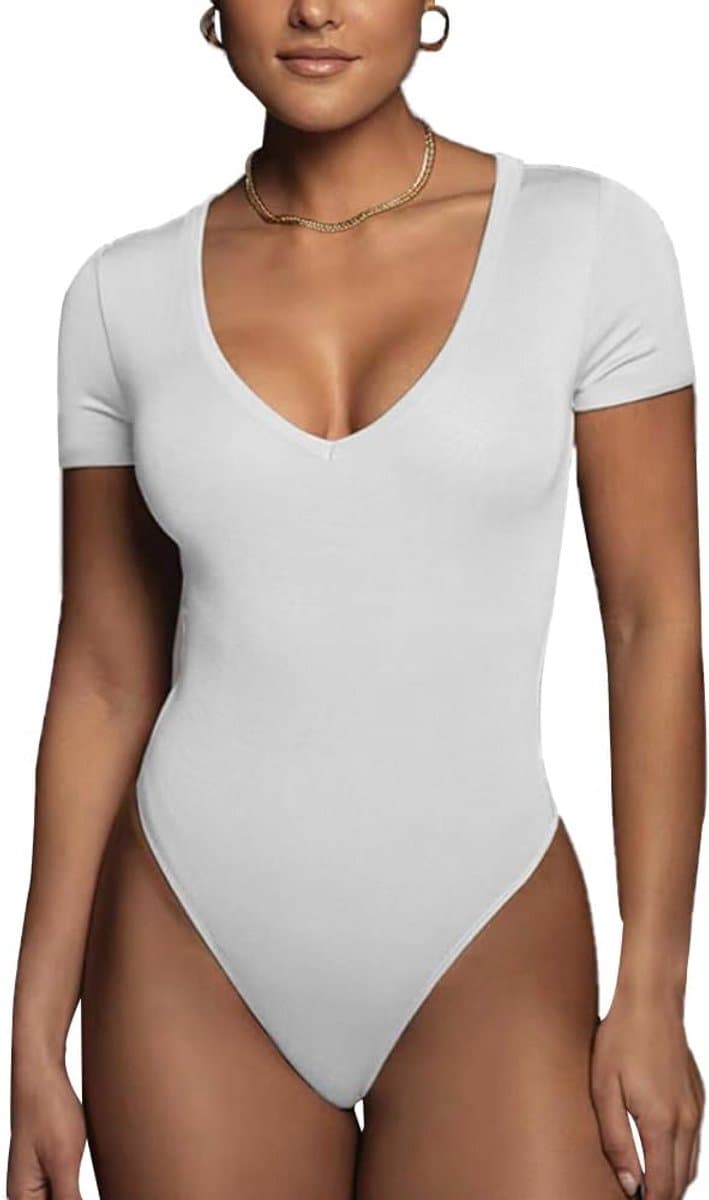 Dames Body met Korte Mouwen en V-Hals - Nauwsluitend en Elastisch Shirt — afbeelding 1