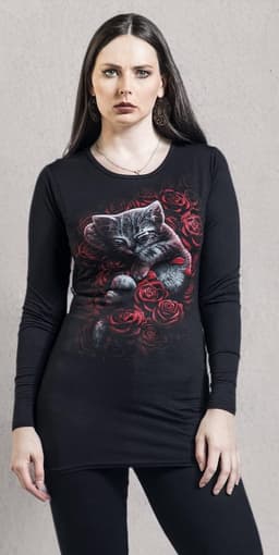 Zwart Lang T-Shirt met Kattenprint op Rozen voor Goth & Rock Stijl — thumbnail 2