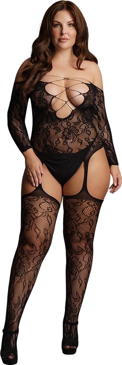 Criss Cross Neck Suspender Bodystocking - Plus Size — afbeelding 1