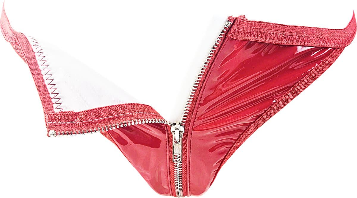 BamBella® Erotische onderbroek - Maat S/M - Wetlook string Dames - Rood Datex mix latex en stof ondergoed Sexy BDSM kleding met rits open kruis — afbeelding 1