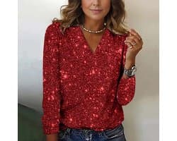 Dames Sexy Glitter Top met Pailletten Lange Mouw V-Hals Feestelijk Shirt