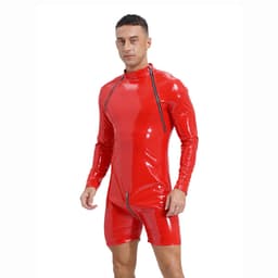 Glanzende Catsuit Heren - Lingerie - Latex Look - Imitiatie Leder - Leer - Rood — thumbnail 1
