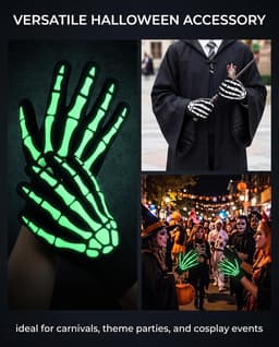 Handschoenen, uniseks, Halloween, glow-in-the-dark, Halloween, kostuum, accessoires, horrorhandschoenen, zwart, met lichtgevend skelet — thumbnail 3