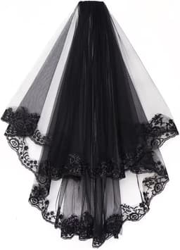 Black Lace Veil Halloween Veil Vintage Grave Veil Halloween Wedding 2 Tier with Comb for Costume Cosplay Day Of The - ShopVlot — thumbnail 3