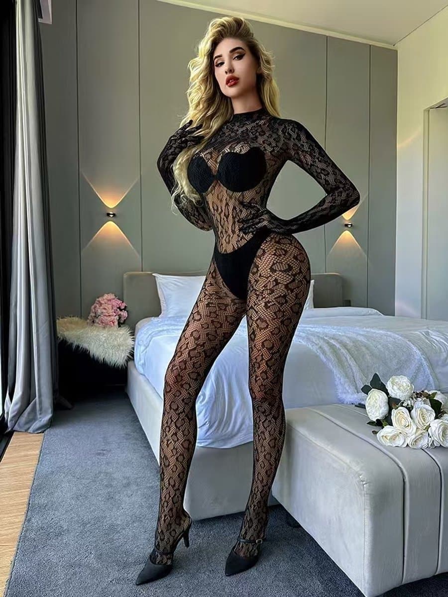 Luxe Dames Bodystocking – Naadloze Kant Catsuit met Lange Mouwen – Verleidelijke Nachtmode – Zwart — afbeelding 1