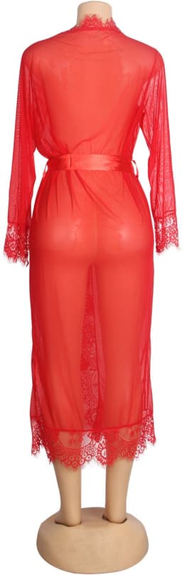 Zeloria Lange Mesh Kimono met Kant – Transparante Lingerie Robe met Ceintuur – Rood– XL/XXL — thumbnail 12