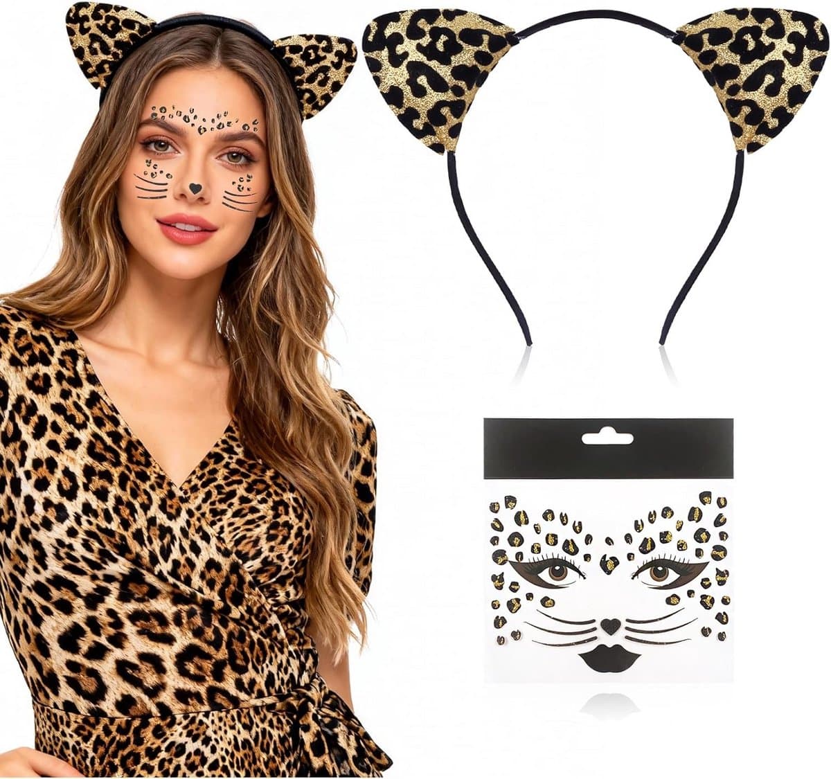 Luipaard kostuum dames, gezichtstattoo luipaard haarband luipaard tattoo gezicht carnaval kunst face sticker carnaval kat tijger carnaval kostuum set katten kostuums voor volwassenen cosplay — afbeelding 1