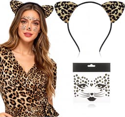 Luipaard kostuum dames, gezichtstattoo luipaard haarband luipaard tattoo gezicht carnaval kunst face sticker carnaval kat tijger carnaval kostuum set katten kostuums voor volwassenen cosplay — thumbnail 1