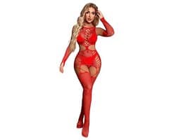 Rode netstof bodystocking voor dames - opengewerkt catsuit met handschoenen