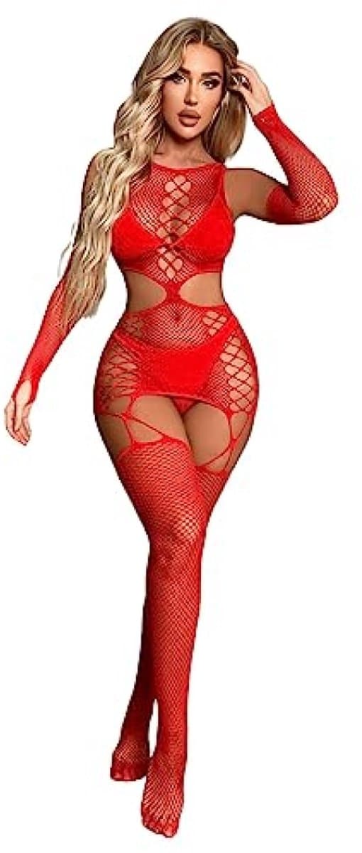 Rode netstof bodystocking voor dames - opengewerkt catsuit met handschoenen — afbeelding 1