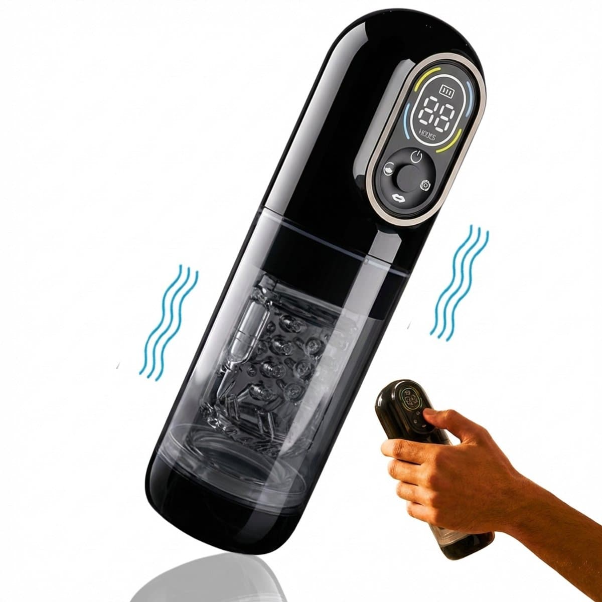 Toys Hub® Automatische Masturbator MAX met Strap - E-book – LED scherm – Water Massage - Pocket Pussy - Blowjob Simulator - Elektrisch - Sex Toys voor Mannen Zelf Aftrekken - Zwart — afbeelding 1