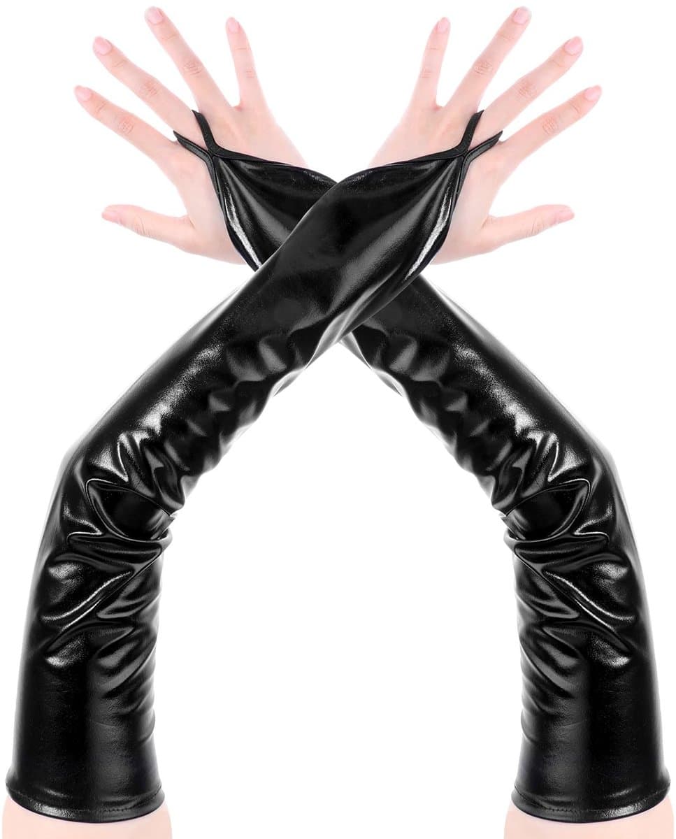 Dailygoody - Vingerloze Handschoenen - Lange Metalic Opera Handschoenen - Sexy Elleboog Lengte - Zwart - Halloween Accessoire - Perfect voor Thee Party — afbeelding 1