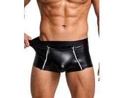 Sexy Heren Boxer Lederlook met Dubbele Rits - PU Wetlook Open Kruis Boxershort Mannen - Fetish & Clubwear - Maat M