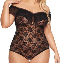 Softline - Kamila - Dames Lingerie Plus Size - Kanten Jurkje - Super Strakke Doorschijnende Chemise - Sexy Kanten Lingerie Set met Bloemen - Grote Maat - Uitdagende Bodystocking - Erotisch Setje - Zwart - XL — thumbnail 3