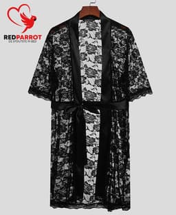 Doorschijnende zwarte badjas Heren Lingerie - Luxe sexy nachtjapon - Slaap kleding - Met riem - Badjas — thumbnail 2