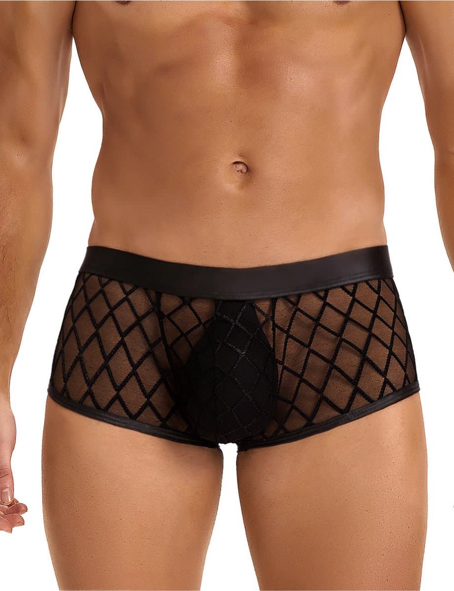 Zwarte heren boxershorts met doorzichtige mesh - maat XS/S - mens sexy sheer black boxer underwear - trendy heren ondergoed erotiek - BDSM - clubwear latex mannen — afbeelding 1