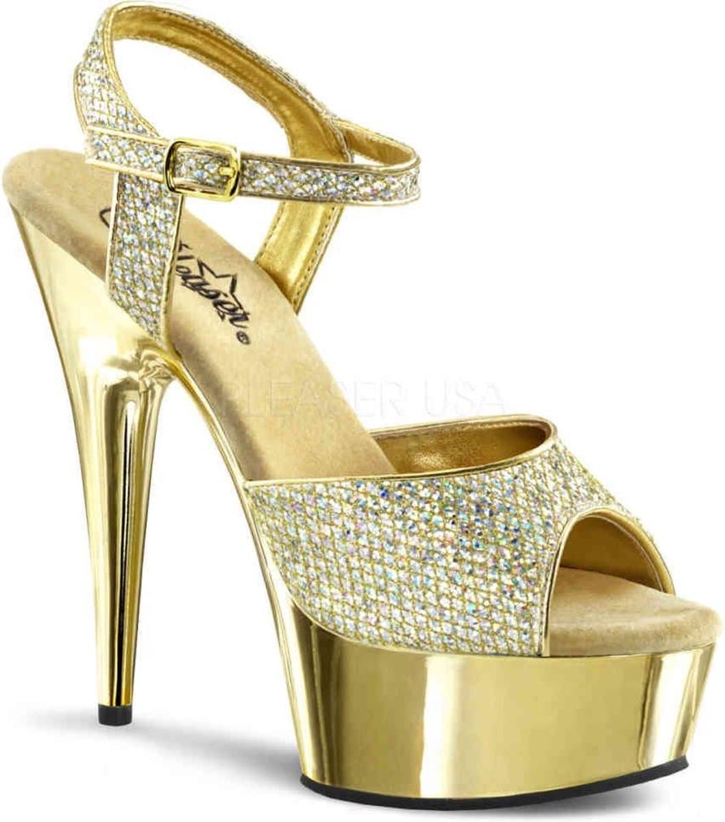EU 40 = US 10 | DELIGHT-609G | 6 Heel, 1 3/4 Gold Chrome PF Ankle Strap Sandal — afbeelding 1