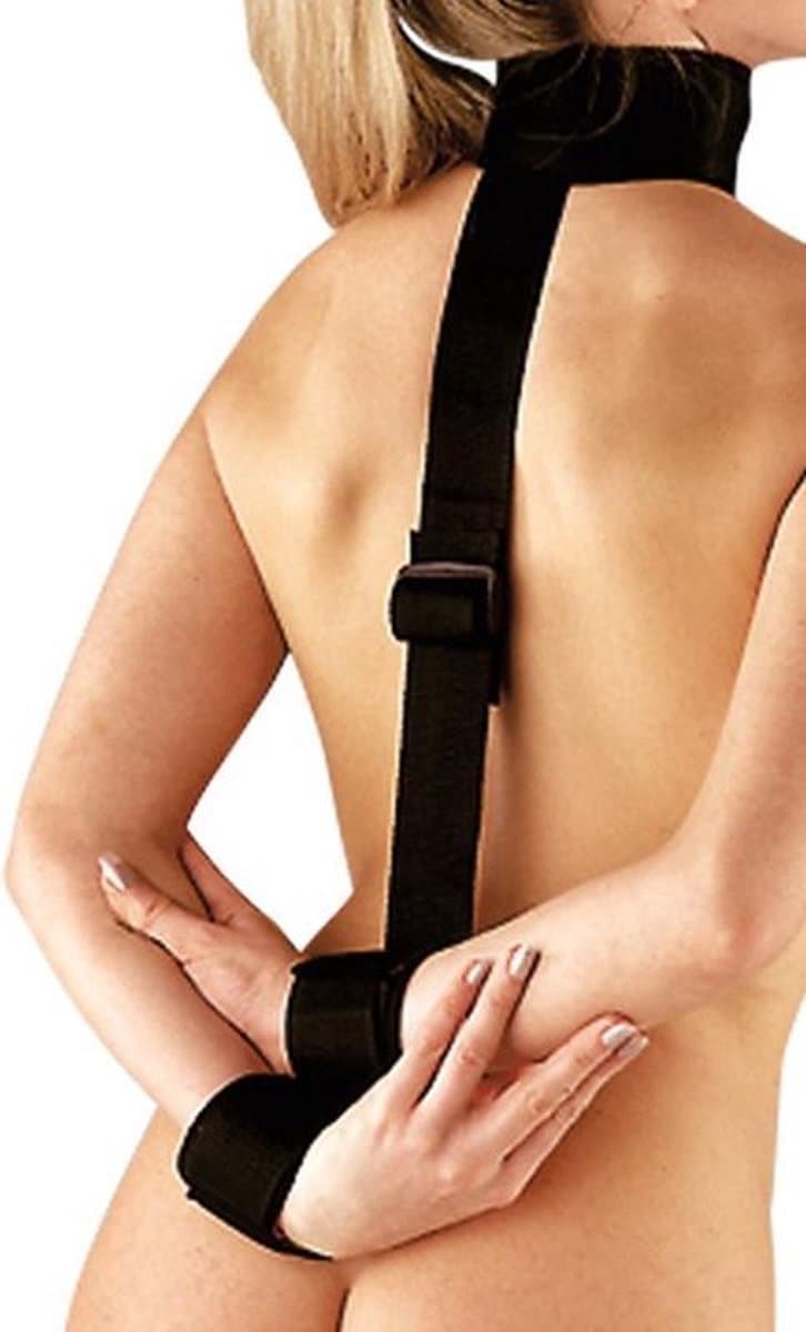 You2Toys – Bondage Rug Harnas met Hand Boeien en Aaneengesloten Hals Band voor Onderdaan – Zwart — afbeelding 1