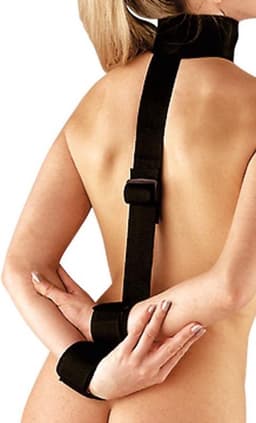 You2Toys – Bondage Rug Harnas met Hand Boeien en Aaneengesloten Hals Band voor Onderdaan – Zwart — thumbnail 1