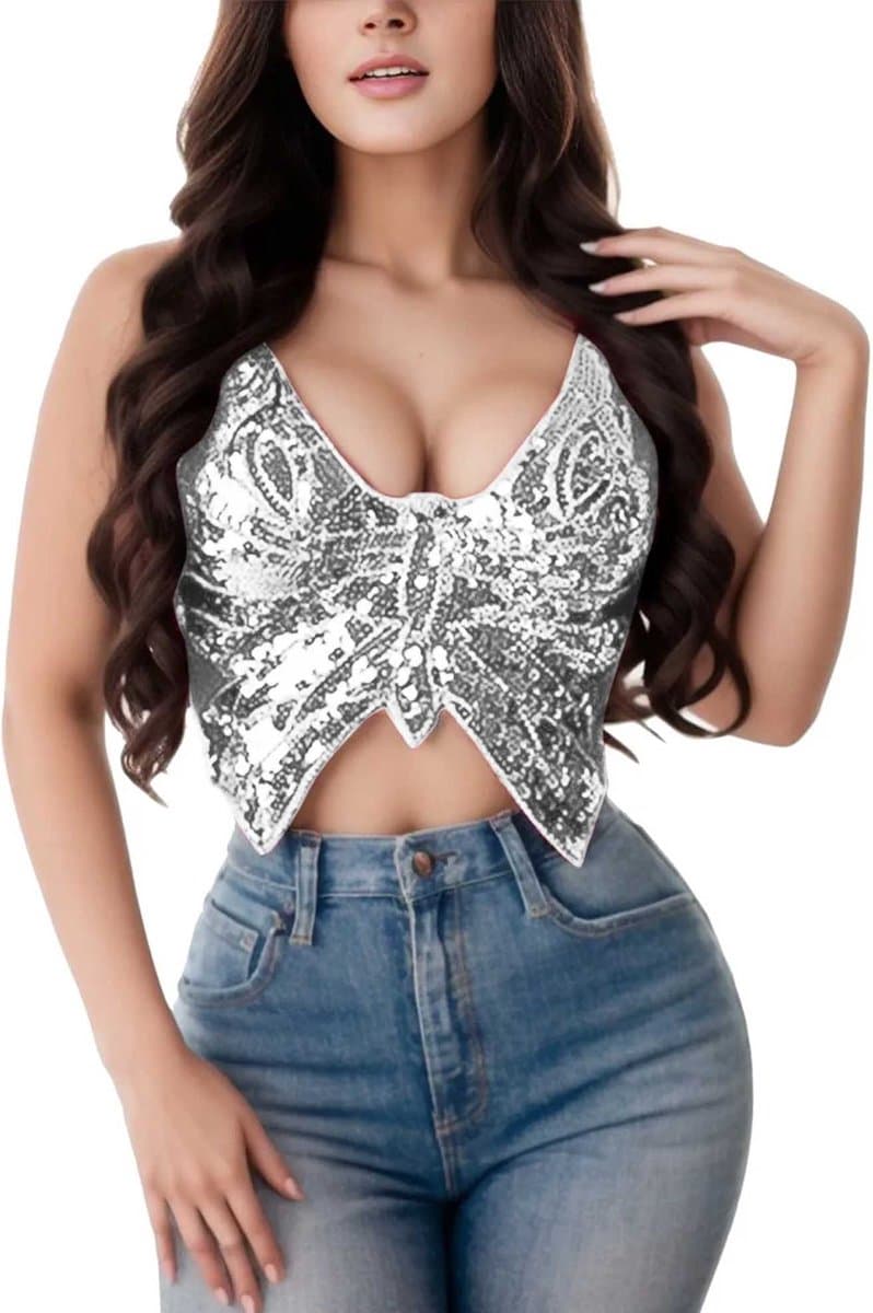 Glitter Top - Festival Topje - Zilver - Lingerie - Sexy Dames BH - One size maten S, M en L — afbeelding 1