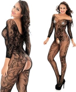 Luxe Erotische Bodysuit I Lingerie Set I Sexy Erotisch Ondergoed I Bloem Patroon I Open Kruis & Open Billen I One Size EU S/M I Zwart — thumbnail 6