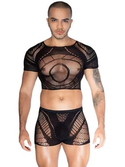 Transparante Visnet Body voor Heren - 2-delig - Sexy Mesh Set - Incl. Zwarte Kruis-Tepelstickers - One Size S-L | LekkerStout | ( LS326 ) — thumbnail 2