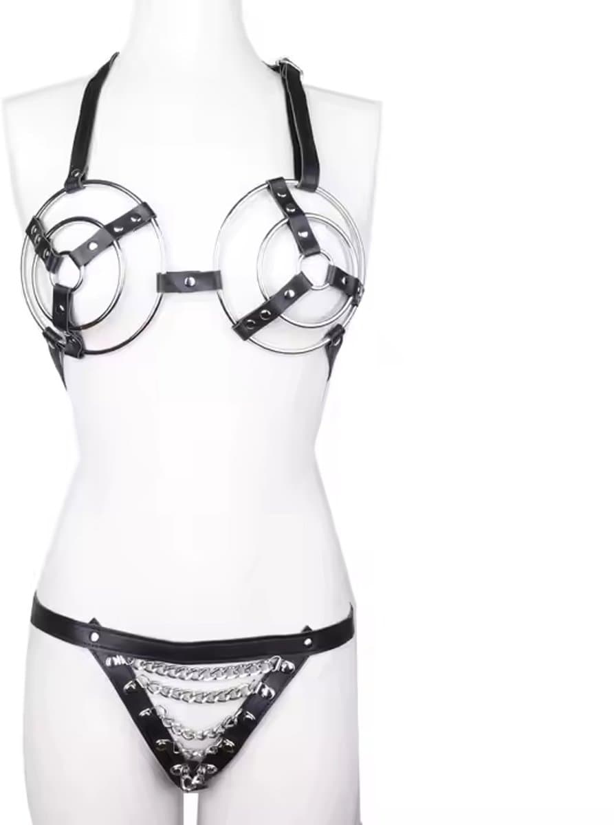 vscnovelty® - BDSM lingerie set - Leer en metaal - BH met string - ook voor Grote borsten — afbeelding 1
