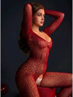 Sexy Catsuit met Open Kruis - Rood - Off-shoulder - Romantische Cadeau Lingerie - One Size S/XL - LekkerStout ( LS312 ) — thumbnail 2