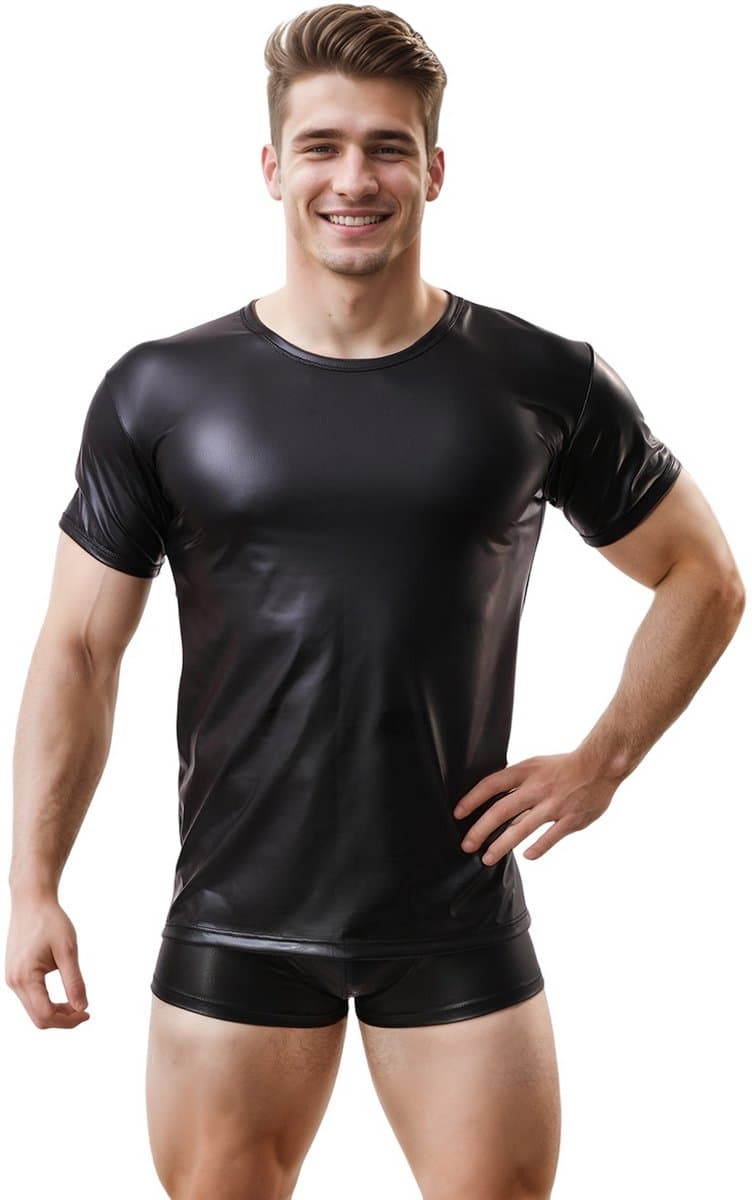 Glanzend wetlook shirt heren – maat L – strakke fetish clubwear kleding – korte mouw t-shirt voor mannen — afbeelding 1