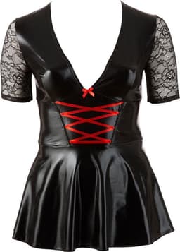 Cottelli Plus Size – Wetlook Mini Jurk met Rode Veters en Diepe Decolleté Kinky en Uitdagend – Maat XL – Zwart — thumbnail 2