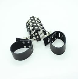 OHMAMA FETISH | Ohmama Fetish Leather Strap Metal Ring Cock Cage With Ball Divider — thumbnail 3