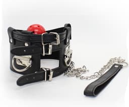 Nooitmeersaai - Zwarte halsband met rode ball gag en riem — thumbnail 1