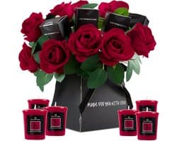 Luxe geschenkdoos met imitatierozen en rozengeurkaarsen, elegante bloemenset in houten doos, ideale geurkaarsen voor huis, romantische thuisdecoratie voor elke gelegenheid