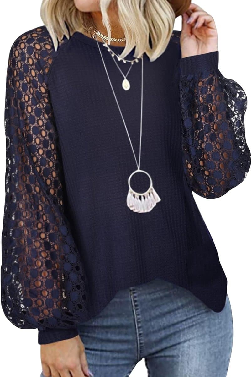 Elegante Dames T-shirt met Lange Mouwen en Kant - Casual & Losvallend — afbeelding 1