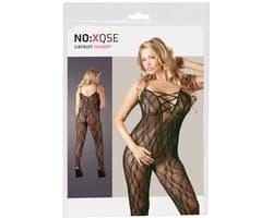 Mandy Mystery Lingerie – Sexy Catsuit Halter Model Klittenband met Vrije Borsten en Open Kruis – Maat XL / 2XL - Zwart