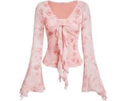Elegante Dames T-shirt met Bloemenprint en Pofmouwen Lange Mouwen